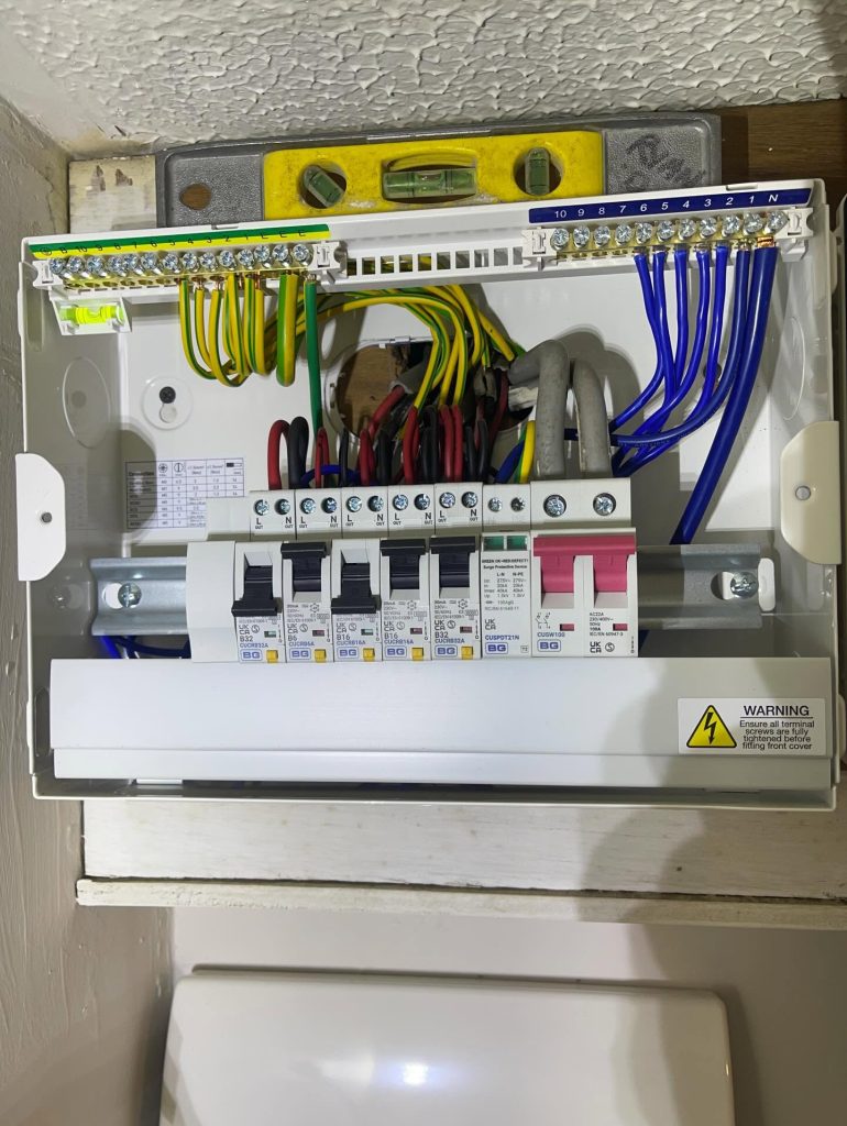 New BG consumer unit with RCBO and surge protection, neatly wired and tested to BS 7671